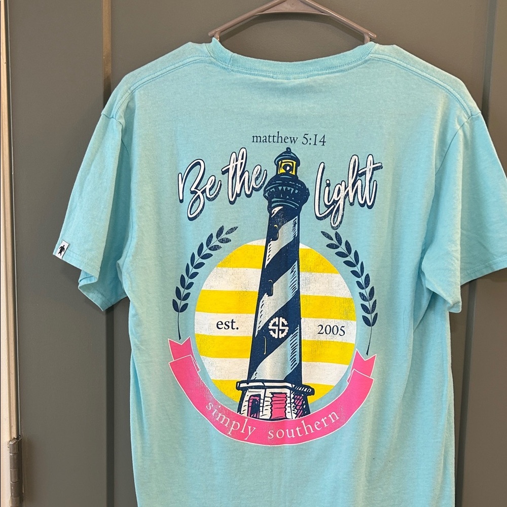 Simply Southern Aqua Tee with Lighthouse Design women’s size medium